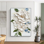 “White - Blue Floral Relief” - Realist - Inspired Floral Painting On Canvas PT1388