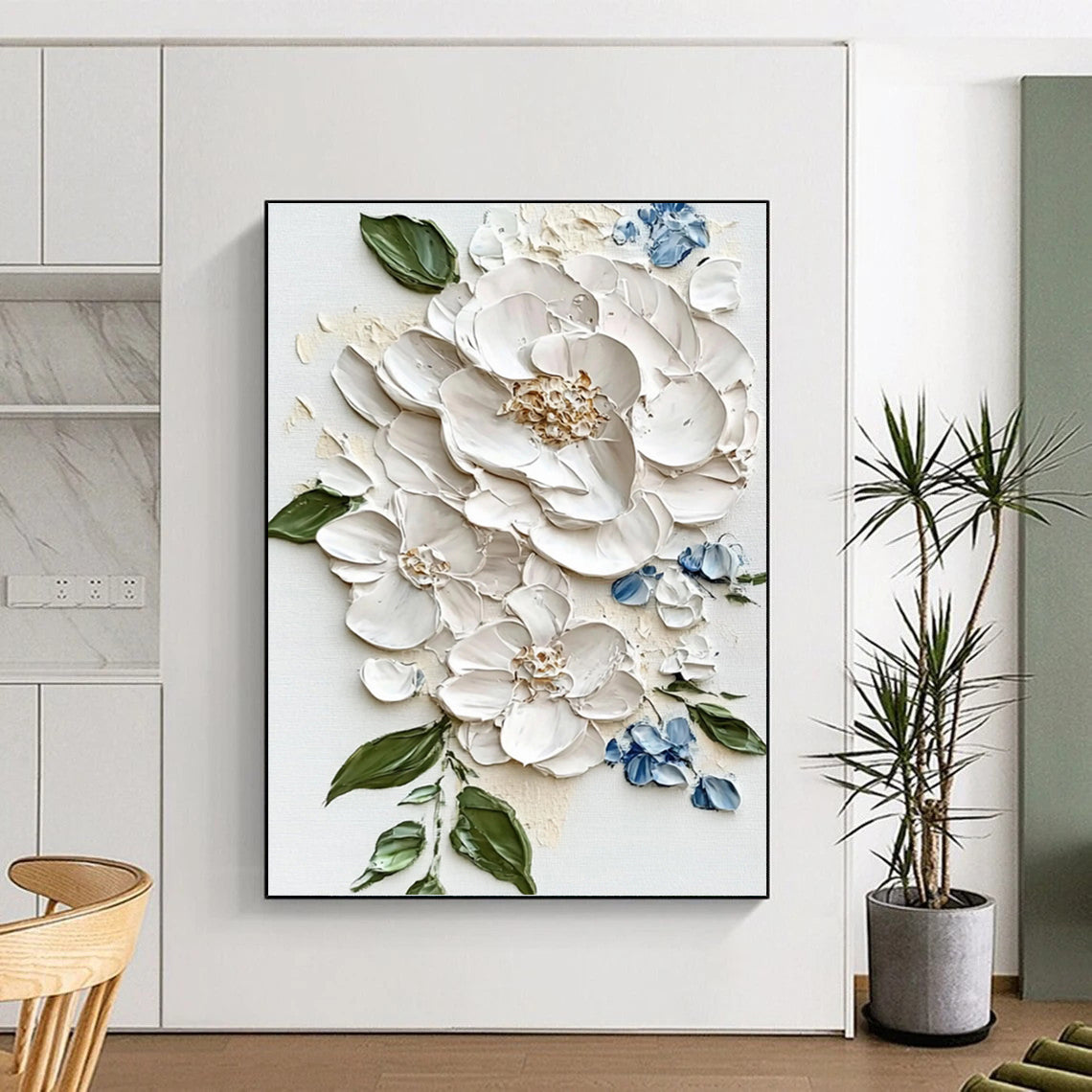 “White - Blue Floral Relief” - Realist - Inspired Floral Painting On Canvas PT1388