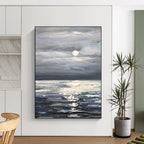 “Grey - Blue Moonlit Sea” - Impressionist Seascape Painting On Canvas PT1293