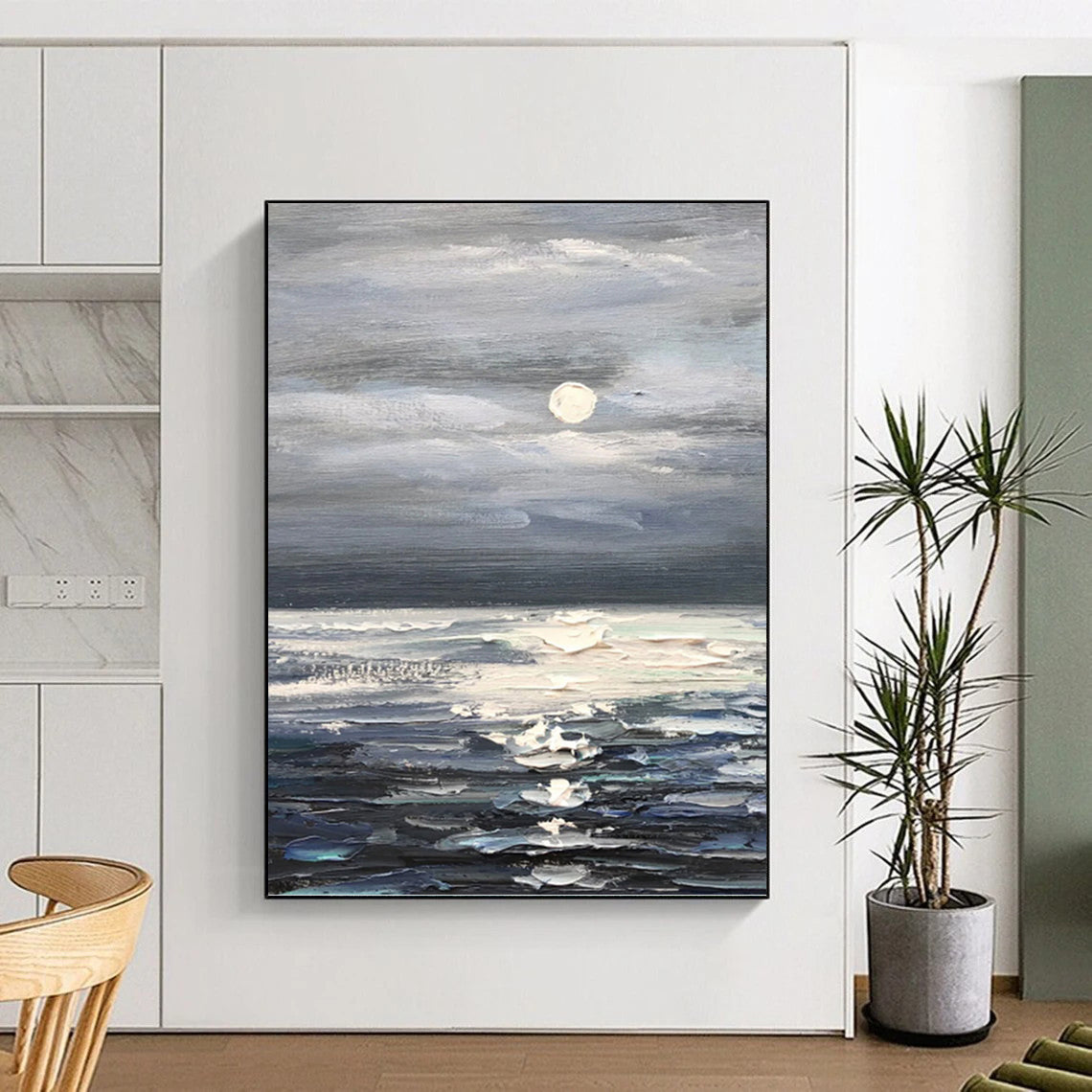 “Grey - Blue Moonlit Sea” - Impressionist Seascape Painting On Canvas PT1293