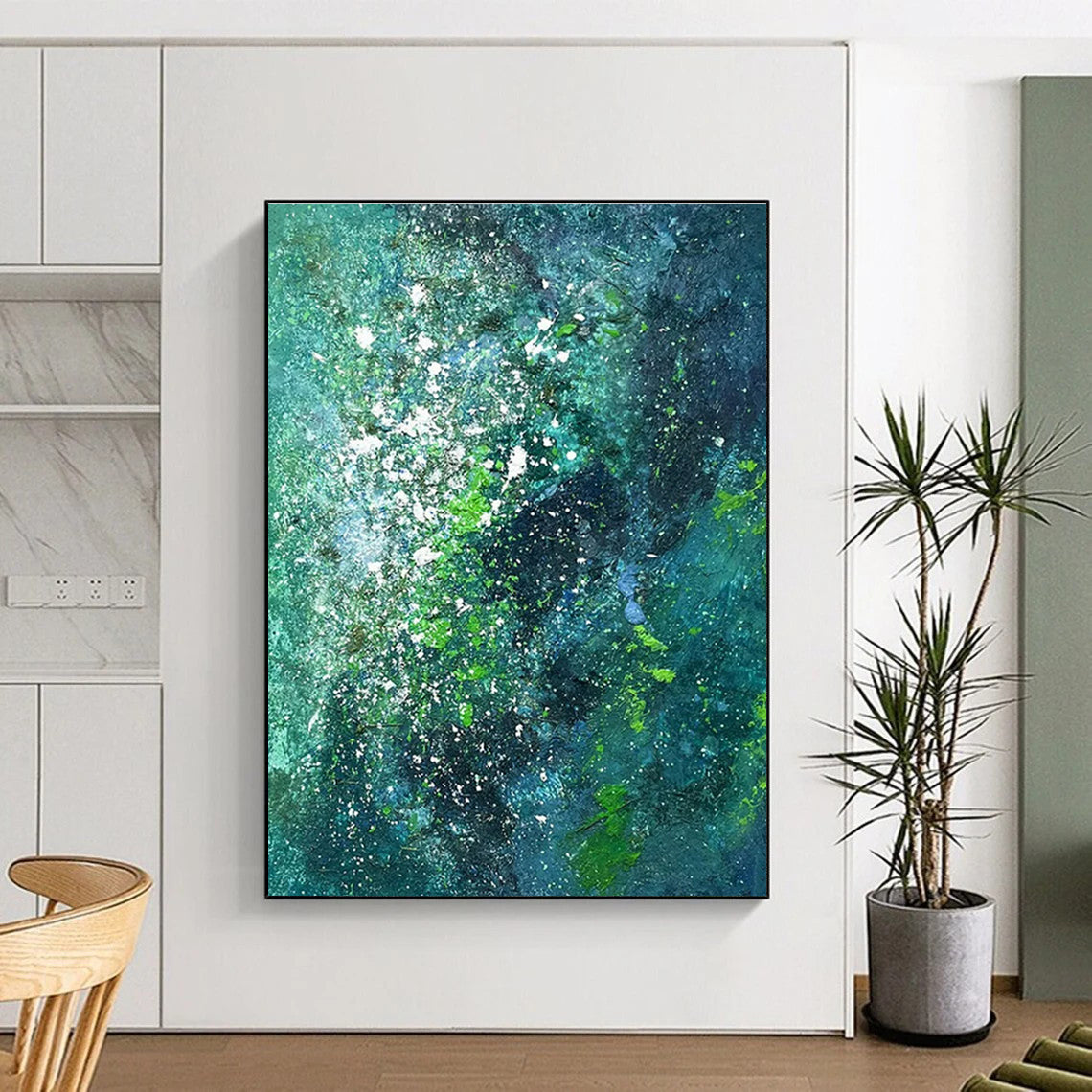 “Teal - Green Splatter Galaxy” - Teal, Green, White Abstract Expressionist Painting On Canvas PS0717