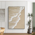 “Sandy Beach Waves” - Beige, White Abstract Seascape Painting On Canvas PS0662