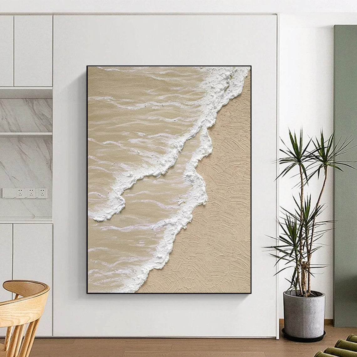 “Sandy Beach Waves” - Beige, White Abstract Seascape Painting On Canvas PS0662