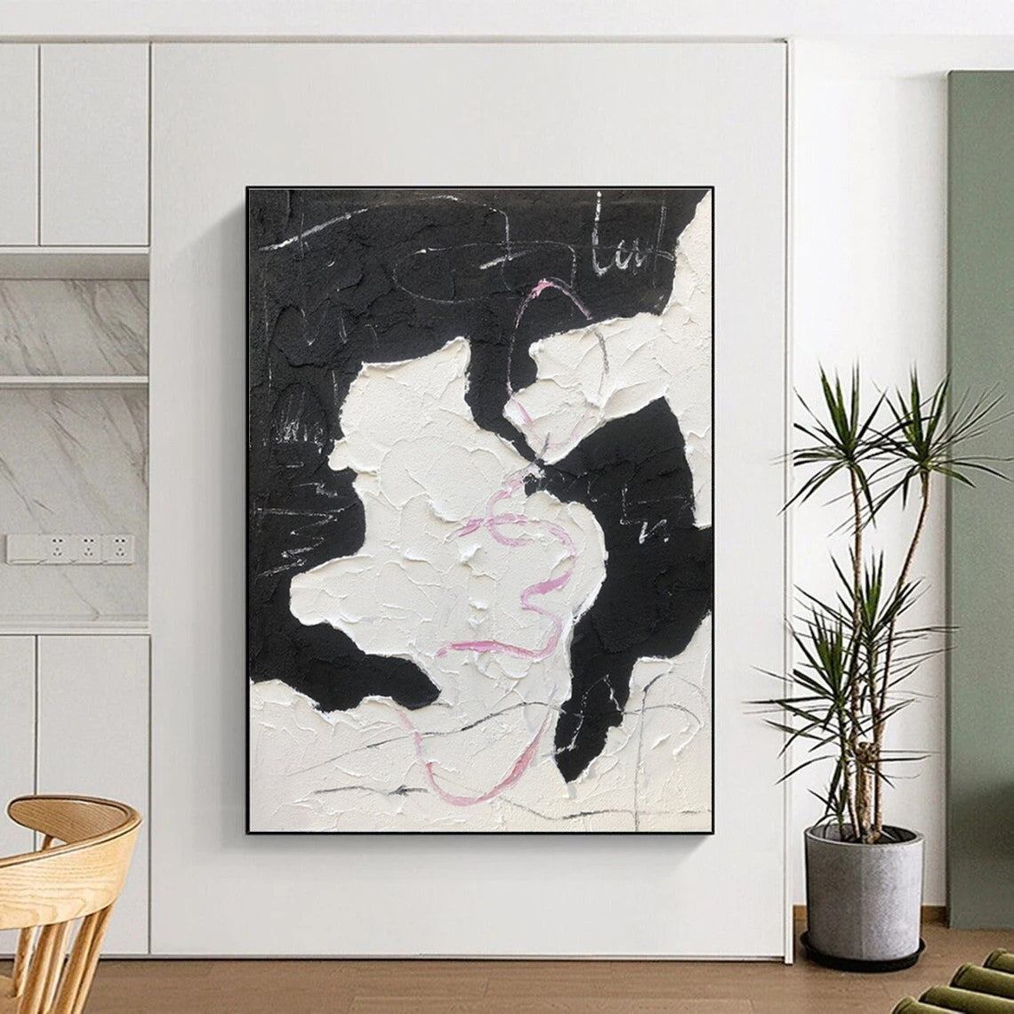 “Textured Black - White - Pink” - Black, White, Pink Textured Abstract Painting On Canvas PS0773