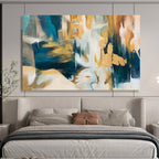 “Teal - Gold Abstract Shapes” - Dynamic Teal “Gilded Currents” Painting On Canvas PT1636
