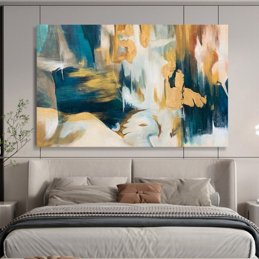 “Teal - Gold Abstract Shapes” - Dynamic Teal “Gilded Currents” Painting On Canvas PT1636