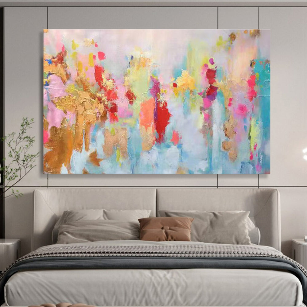 Pastel Dreamscape: Soft Pink, Blue & Gold Abstract Expressionist Painting for Bohemian Bedroom & Yoga Studio DKS643