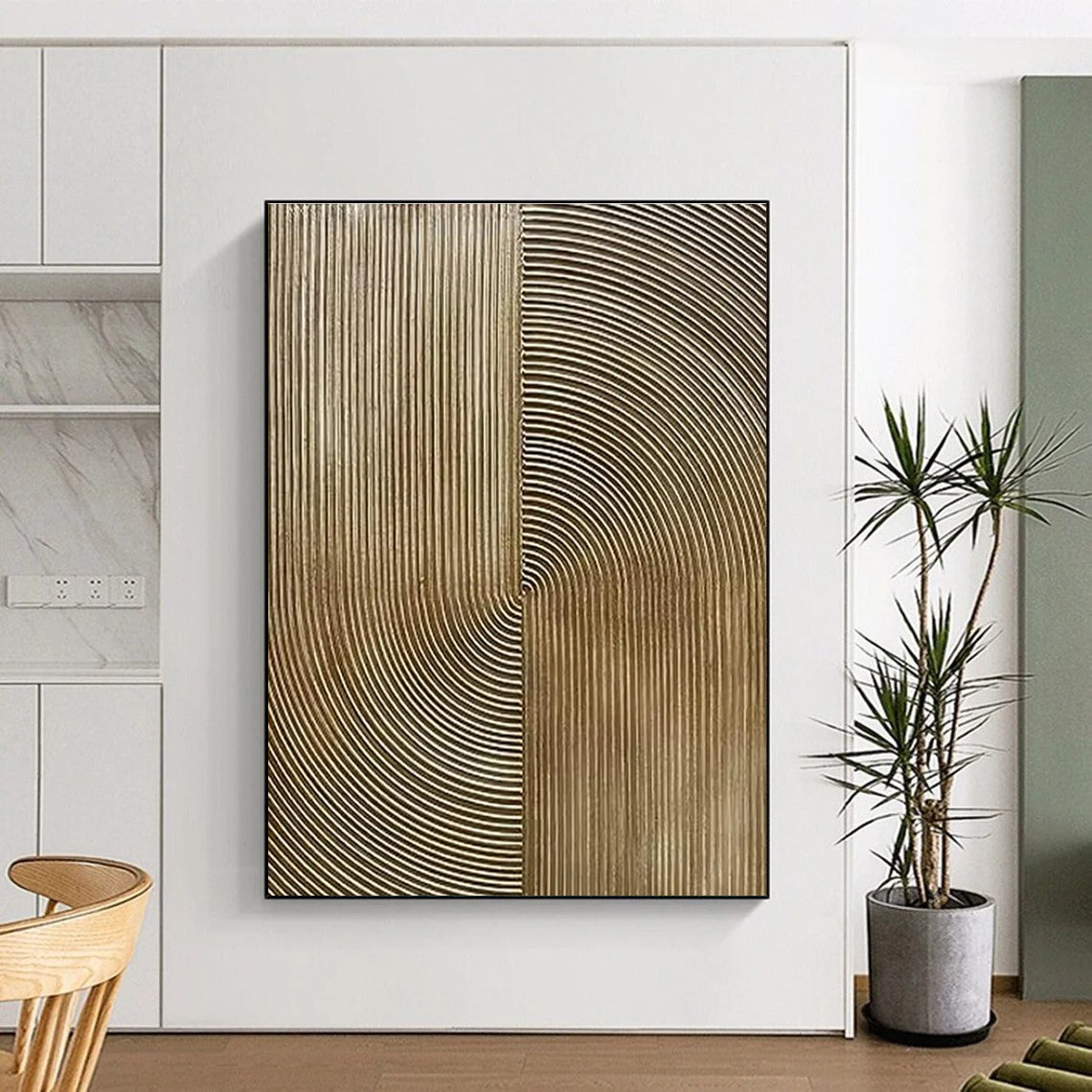 Golden Curved Lines, "Ripple Harmony" – Minimalist Abstract Painting On Canvas PS0885