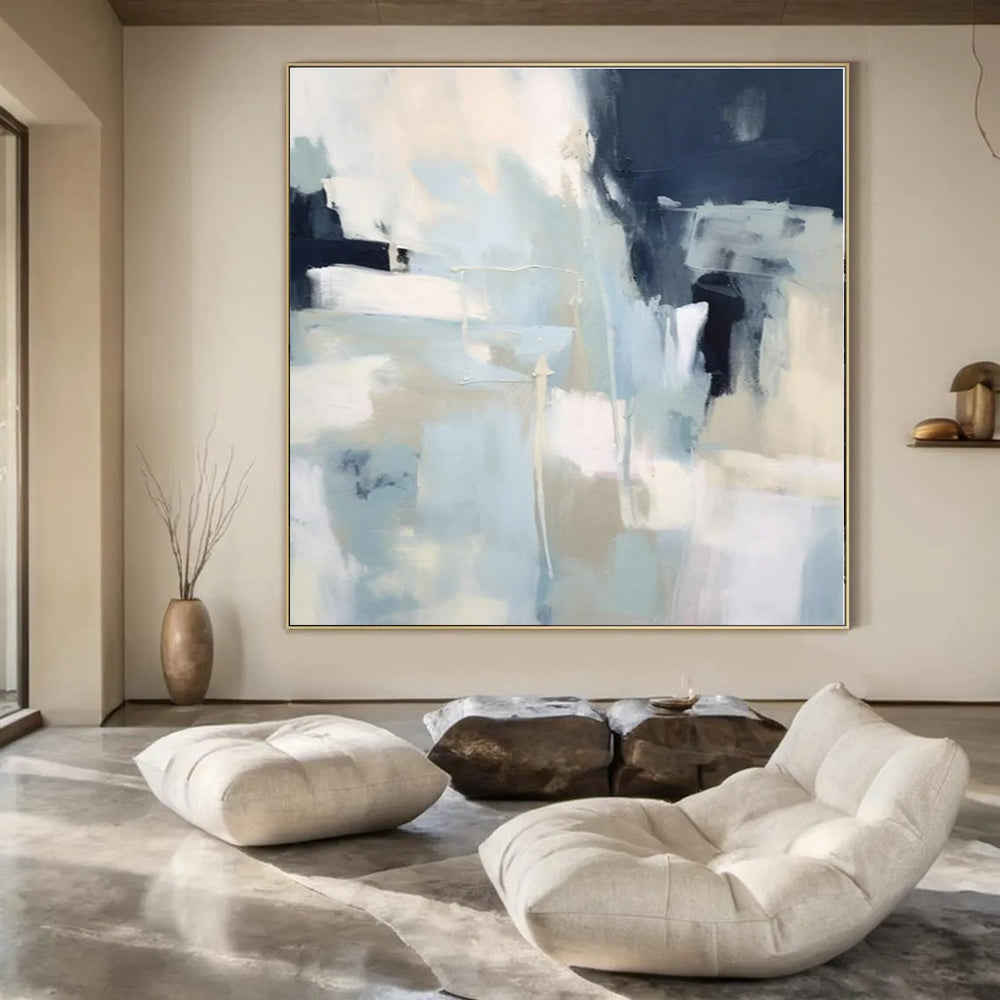 Light Blue, White, Dark Blue with Abstract Shapes "Blue Whisper" Abstract Painting On Canvas PS1334