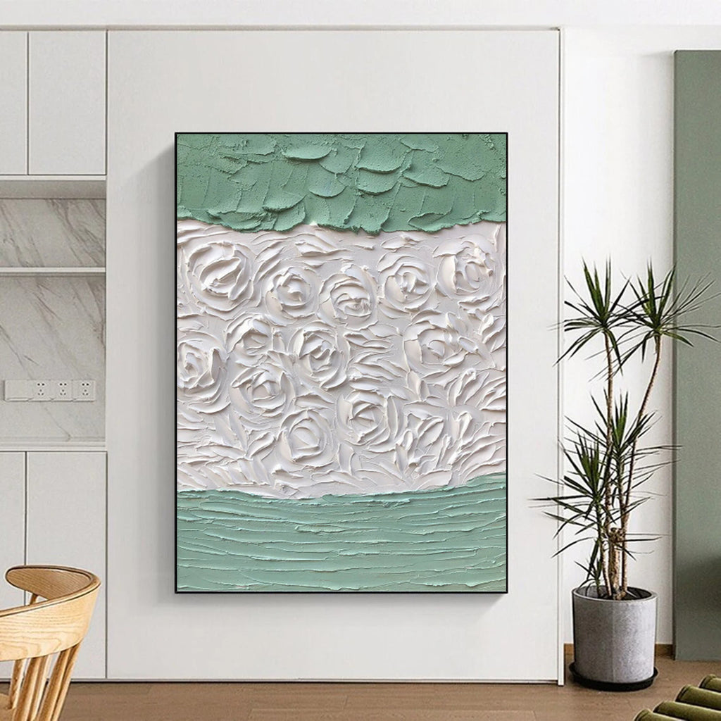 “Green - White Textured Roses” - Textured Abstract Painting On Canvas PT1269