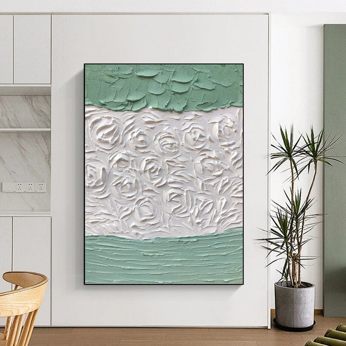 “Green - White Textured Roses” - Textured Abstract Painting On Canvas PT1269