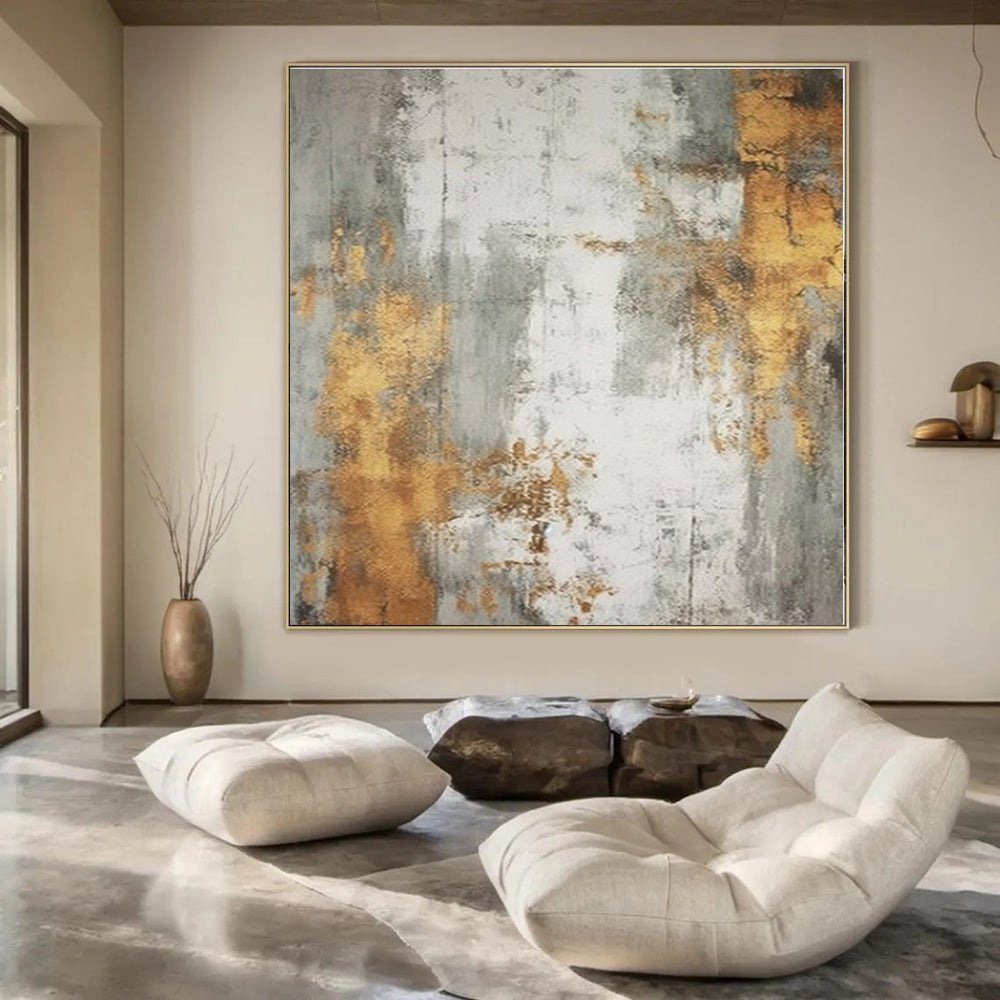 Gray, Gold, White with Textured Layers "Gilded Whispers" Abstract Painting On Canvas PS1271
