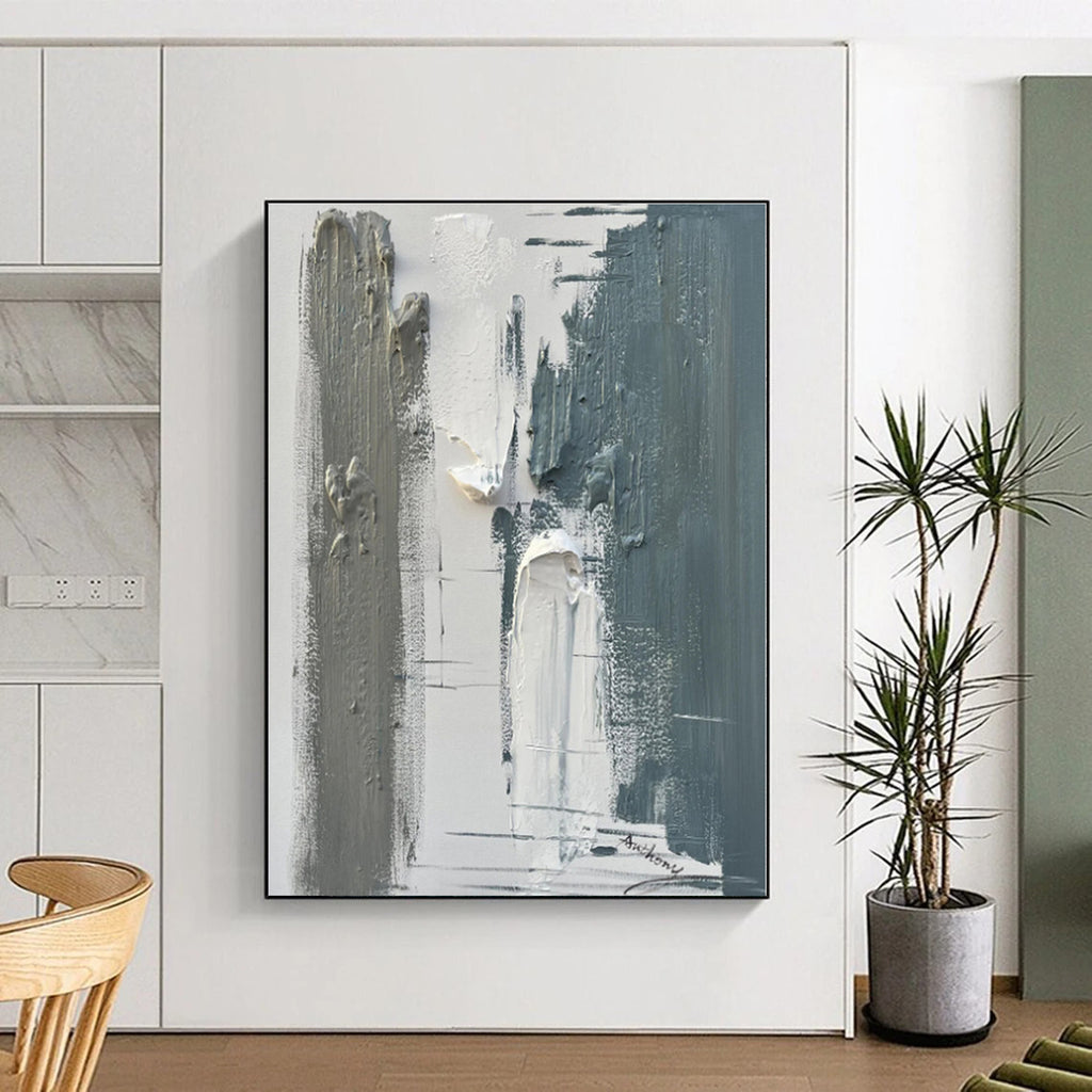 “Gray - White Textured Blocks” - Gray, White Abstract Painting On Canvas PS0494