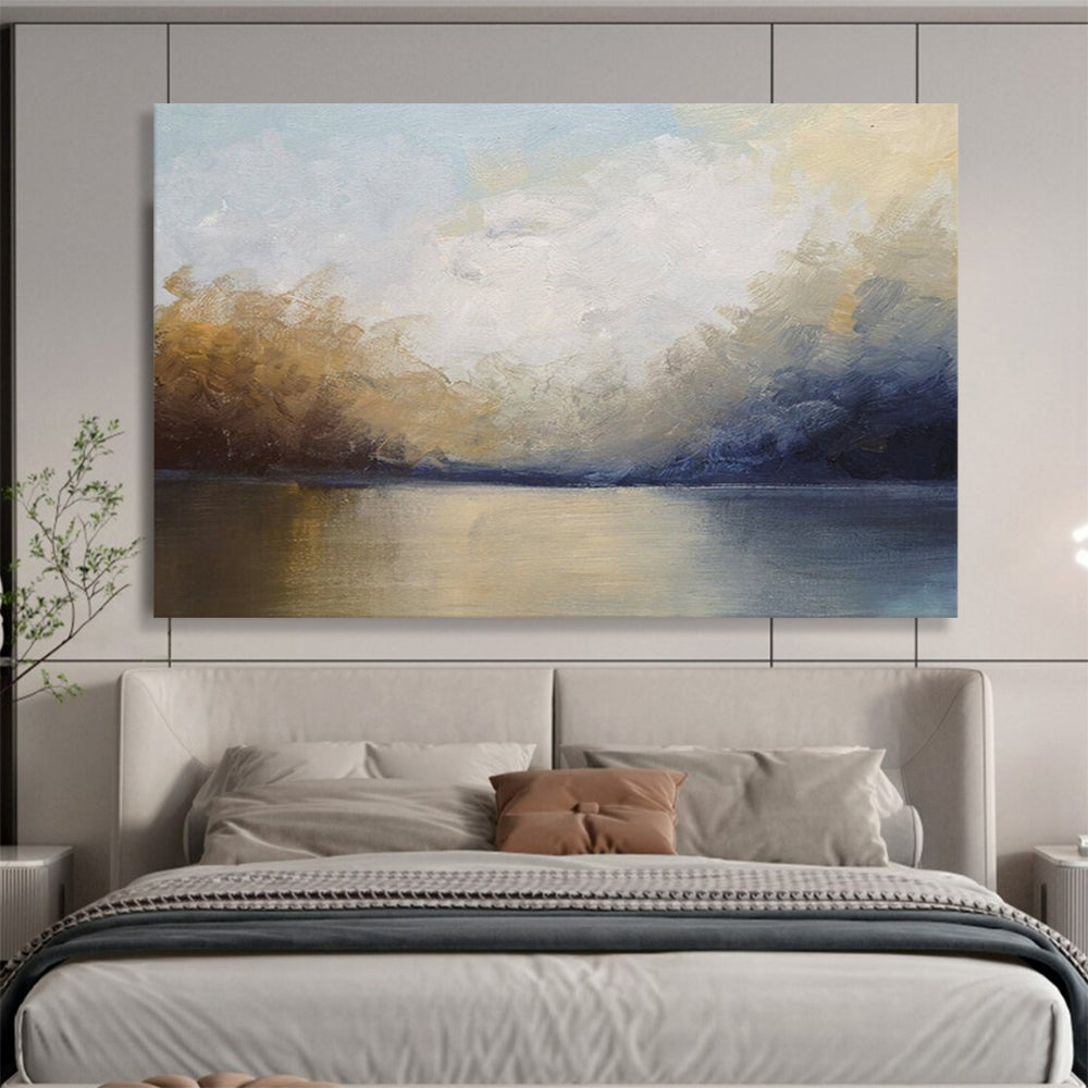 “Serene Landscape in Blue, Gray & Earth Tones” - Impressionistic Waterfront Painting On Canvas PT009