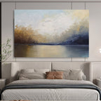 “Serene Landscape in Blue, Gray & Earth Tones” - Impressionistic Waterfront Painting On Canvas PT009