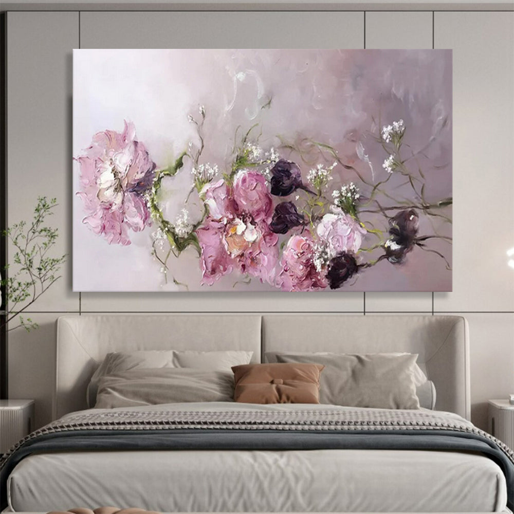 “Pink Flowers with Baby’s Breath” - Romantic Floral - Painting On Canvas PT1762