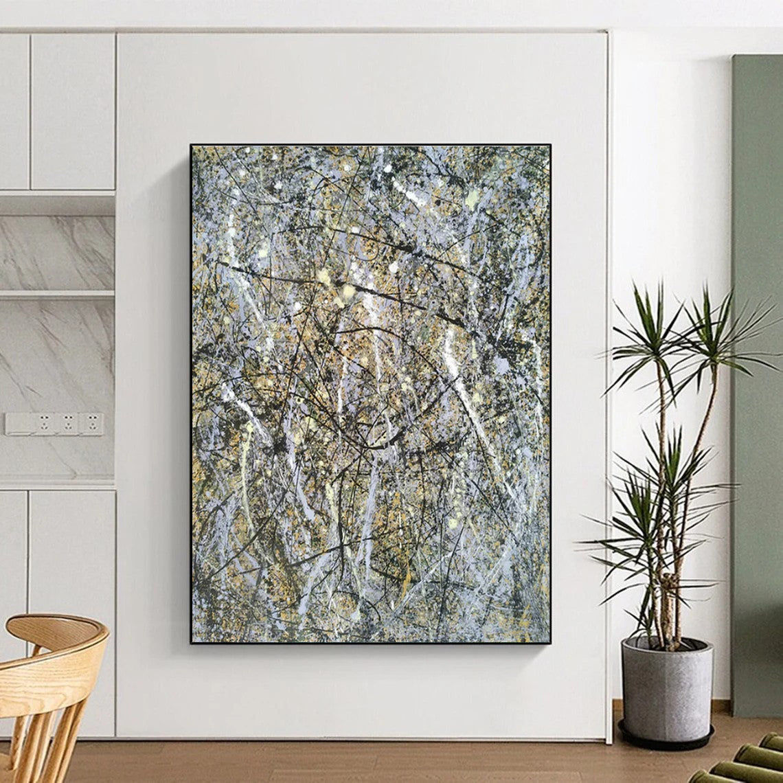 Sprawling Gray - Yellow Splatters, "Chaotic Harmony" – Action - Style Abstract On Canvas PS0905