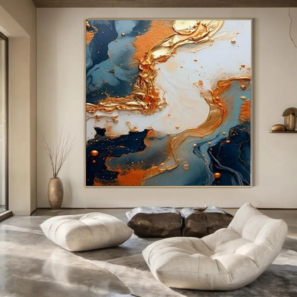 Blue and Gold Fluid Art - Swirling Metallic Patterns Painting On Canvas PS1216