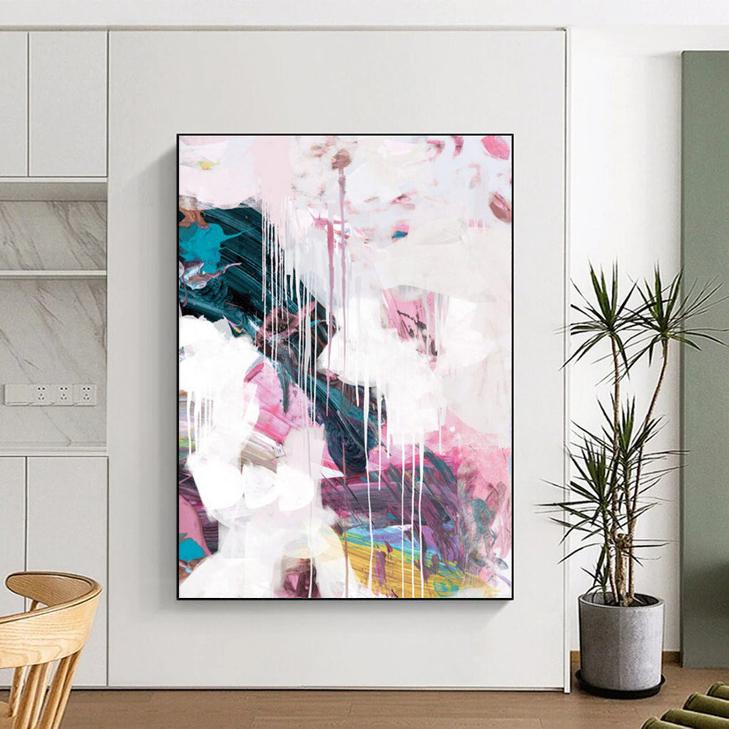 “Blush & Teal Drip Fusion” - Soft Pinks & Deep Greens with Drips Painting On Canvas DS192