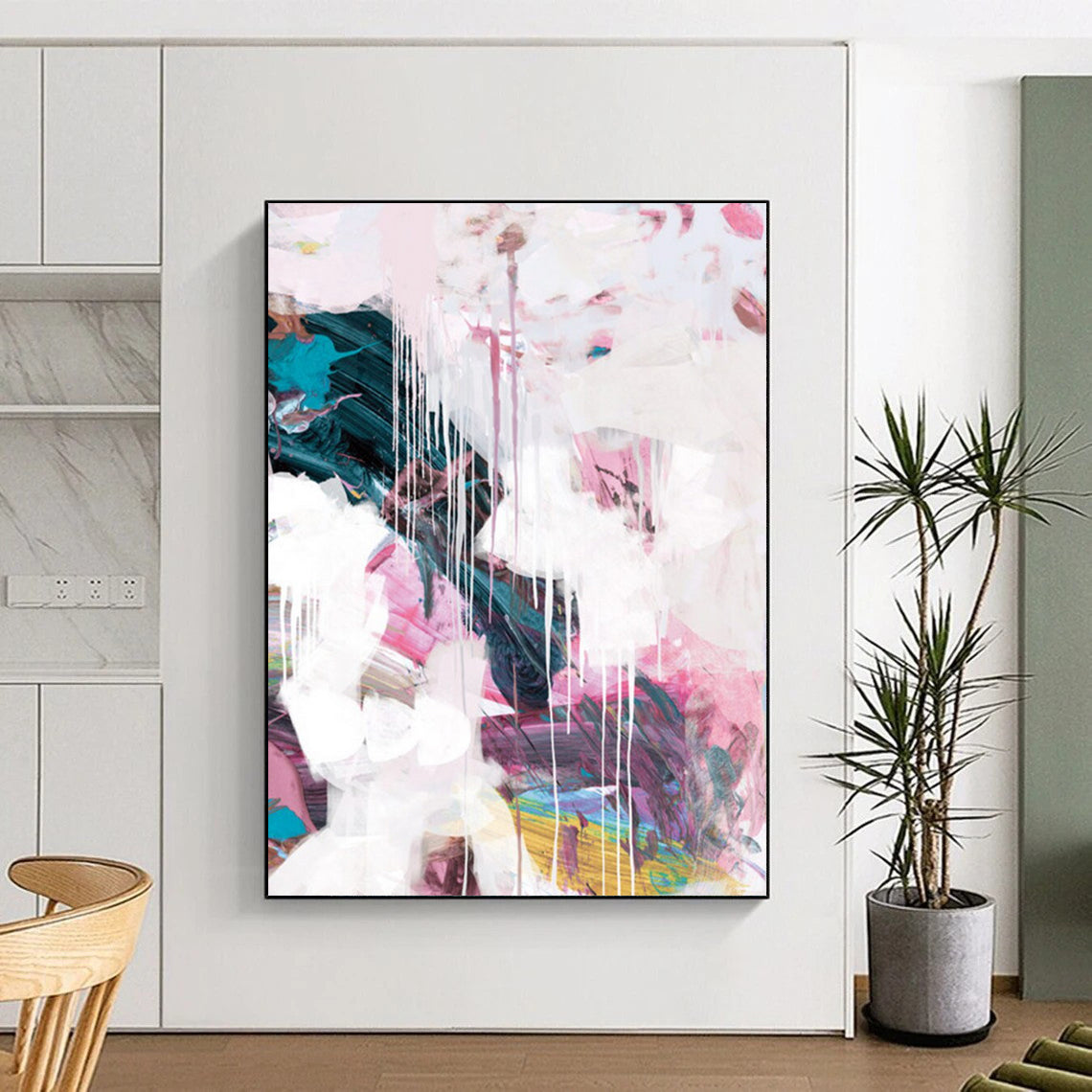 “Blush & Teal Drip Fusion” - Soft Pinks & Deep Greens with Drips Painting On Canvas DS192