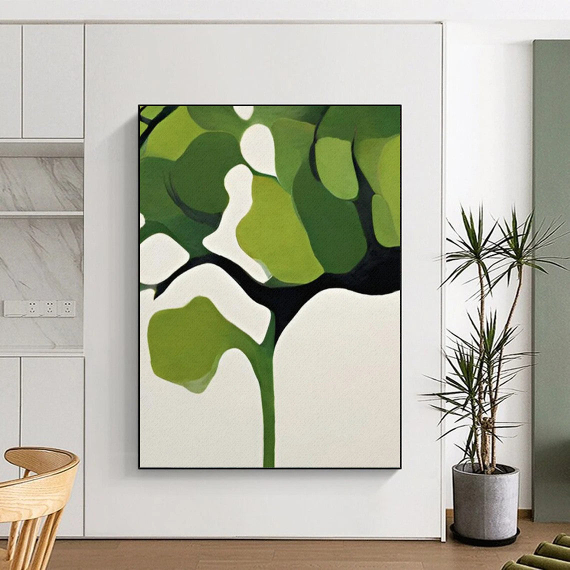 “Green and White Minimalist Tree” - Geometric Botanical Painting On Canvas PT2254