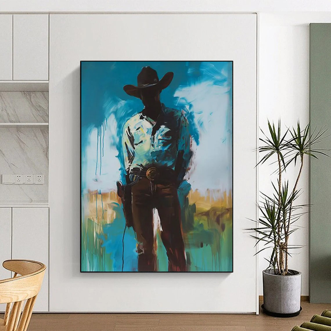 Mysterious Cowboy: Silhouette in Blue Painting On Canvas DS102