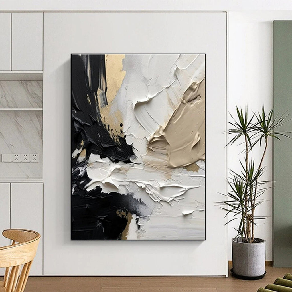 “Black - White - Gold Impasto” - Black, White, Gold Abstract Impasto Painting On Canvas PS0715