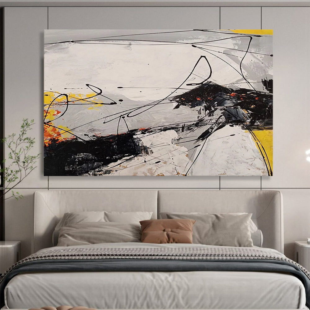 “Dynamic Abstract in Blacks, Whites, Yellows & Oranges” - Energetic Modern Painting On Canvas PT030