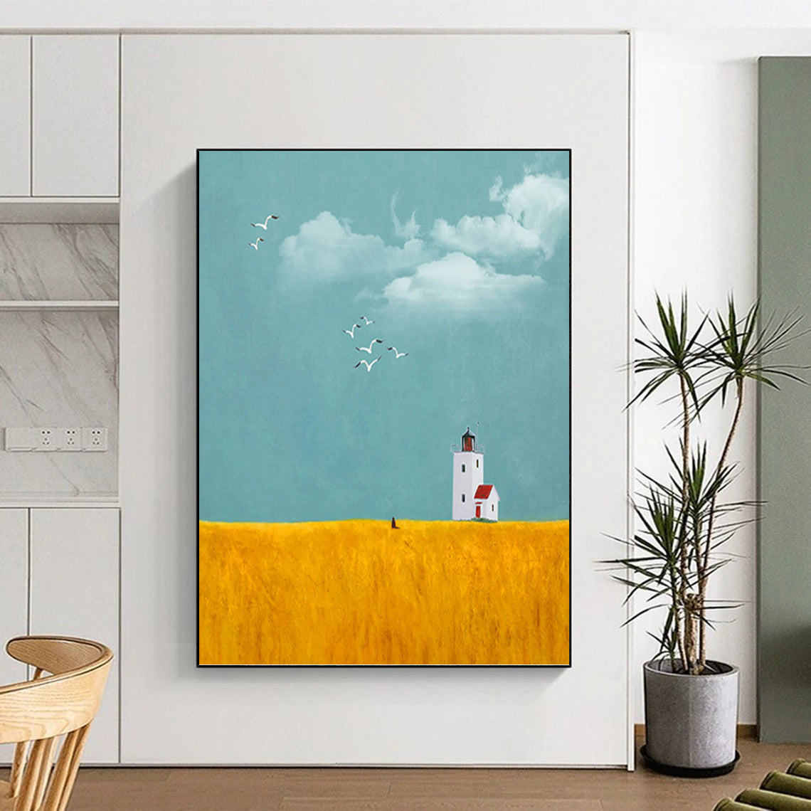 “Lighthouse in Yellow Field” - Minimalist - Inspired Landscape Painting On Canvas PT1429