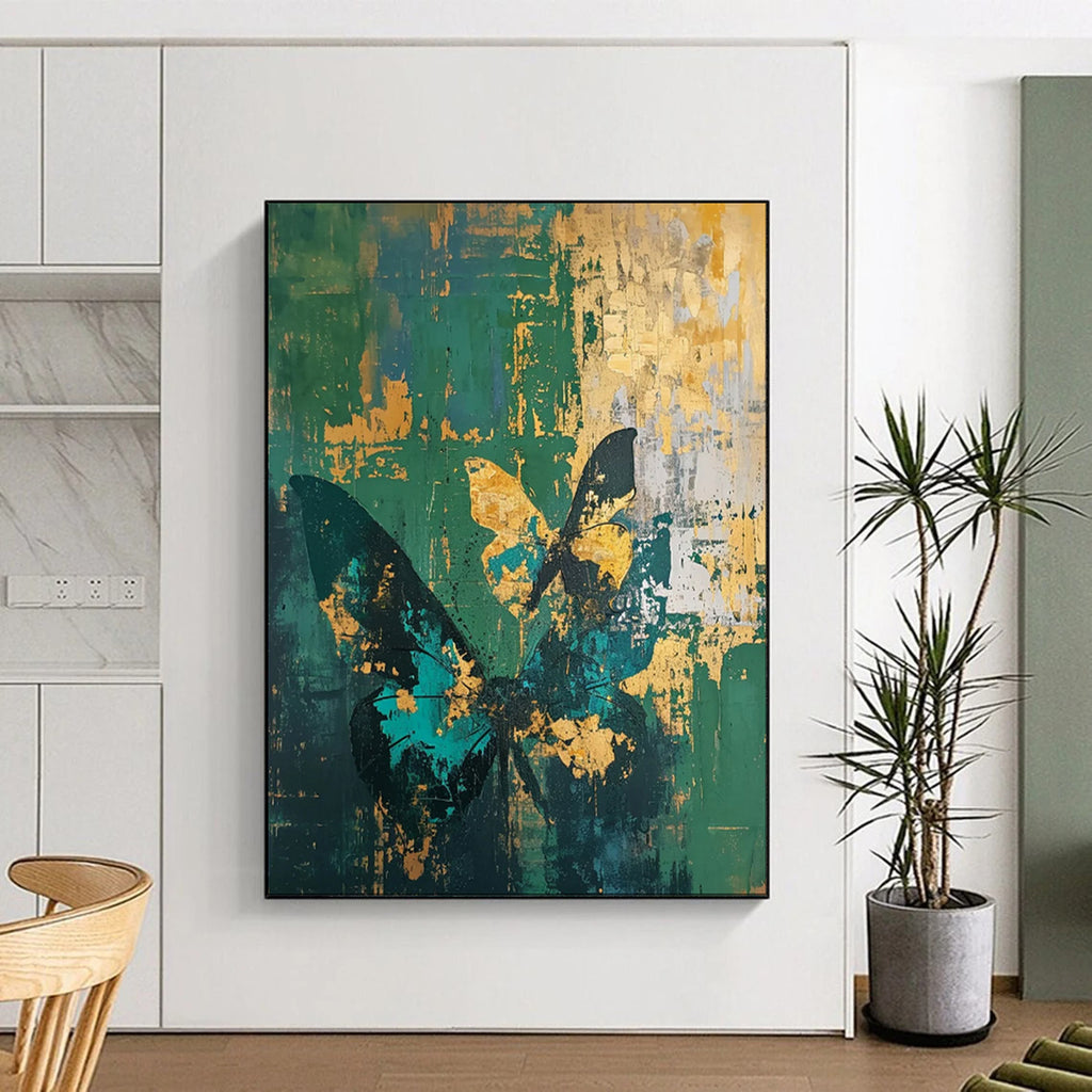 “Teal, Green, and Gold Butterfly Grunge” - Abstract Insect Painting On Canvas PT1883