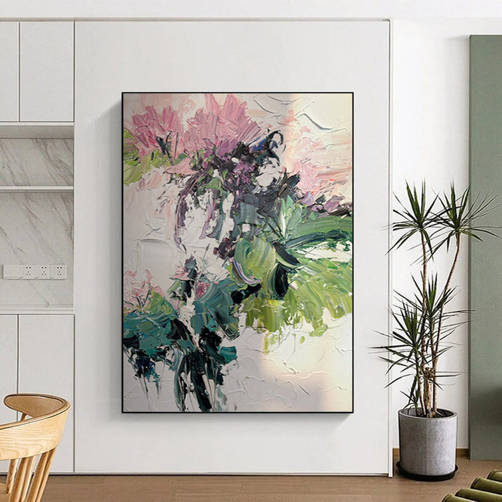 “Pink & Green Floral Burst” - Abstract Floral Painting On Canvas DS271