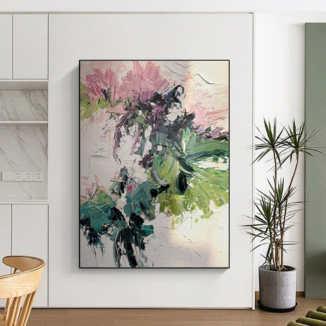 “Pink & Green Floral Burst” - Abstract Floral Painting On Canvas DS271