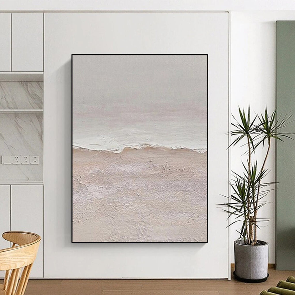 “Textured Beach Shore” - Beige, White Abstract Seascape Painting On Canvas PS0666