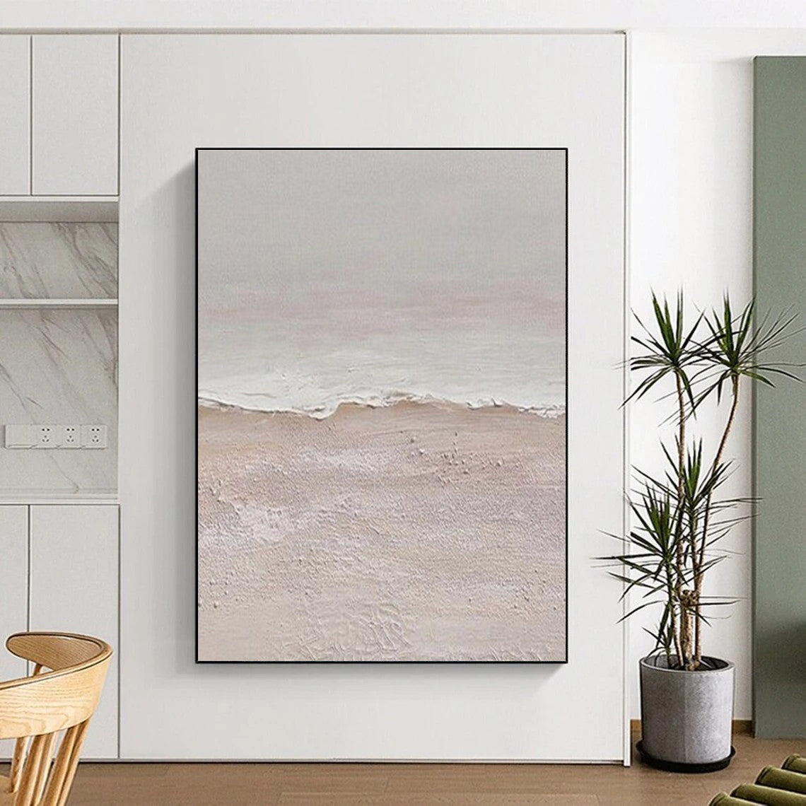 “Textured Beach Shore” - Beige, White Abstract Seascape Painting On Canvas PS0666