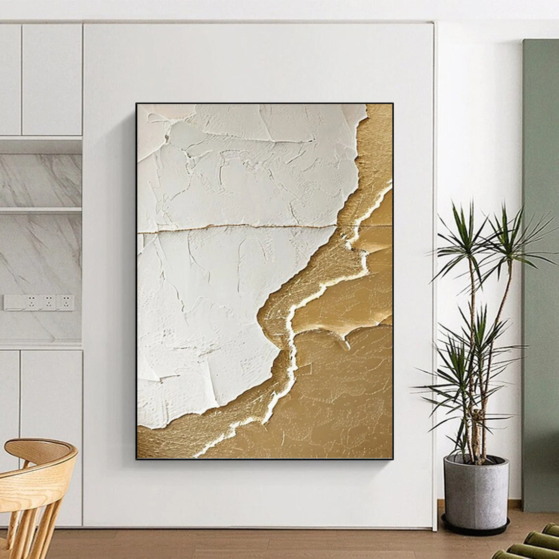 “White and Gold Textured Abstract” - Luxe Relief Painting On Canvas PT0986