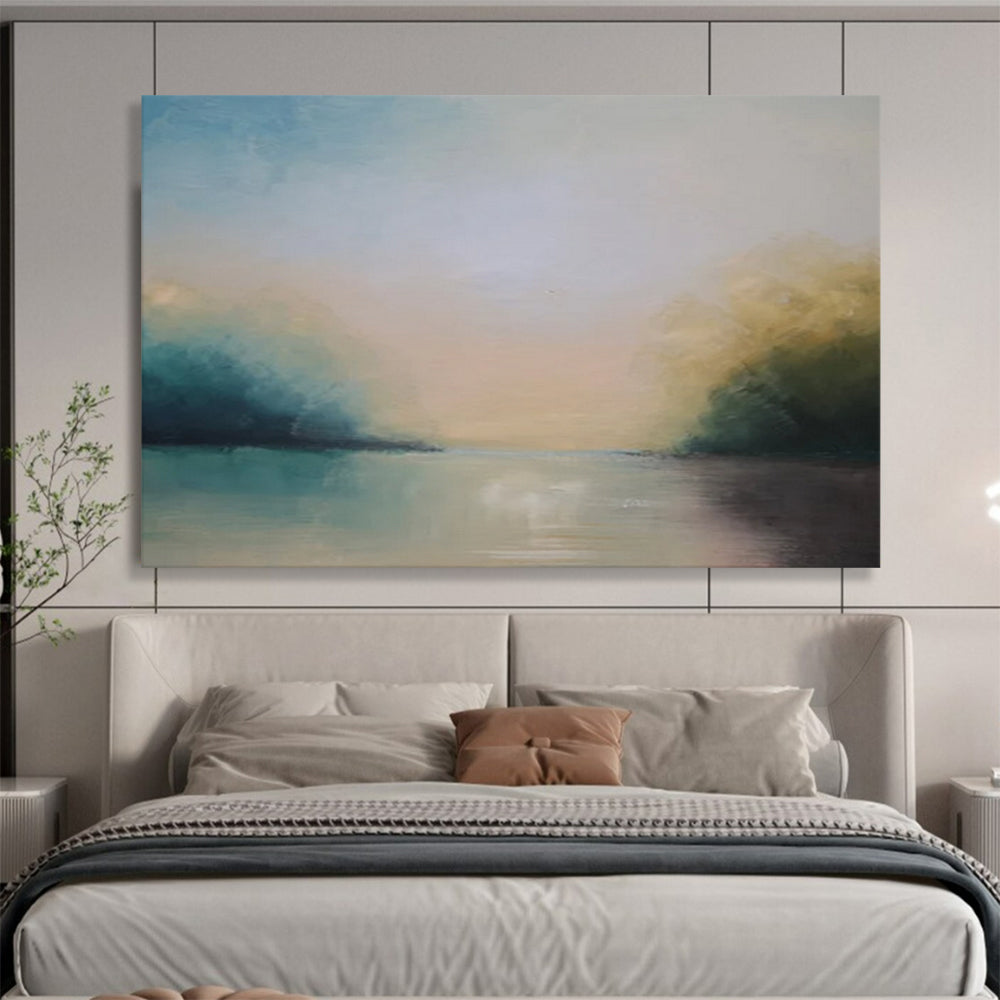 “Serene Landscape in Soft Blues, Greens & Neutrals” - Impressionistic Waterfront Painting On Canvas PT014