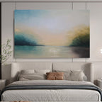“Serene Landscape in Soft Blues, Greens & Neutrals” - Impressionistic Waterfront Painting On Canvas PT014