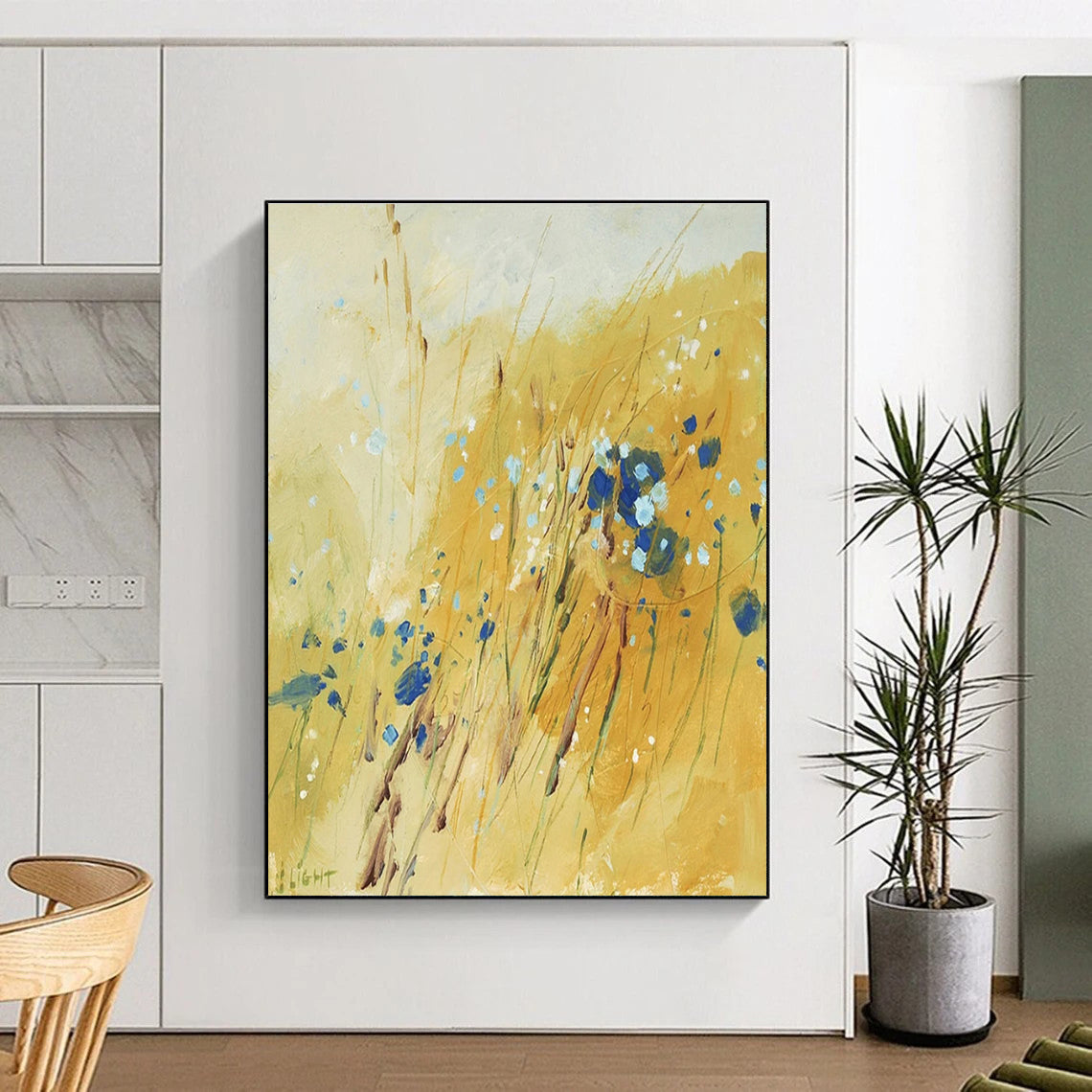 “Golden Field with Blues” - Yellow, Blue Abstract Impressionist Painting On Canvas PS0707