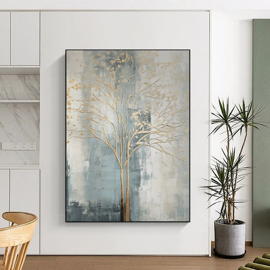 “Gold Tree on Gray - Blue Abstract” - Modern Abstract Painting On Canvas PT1838