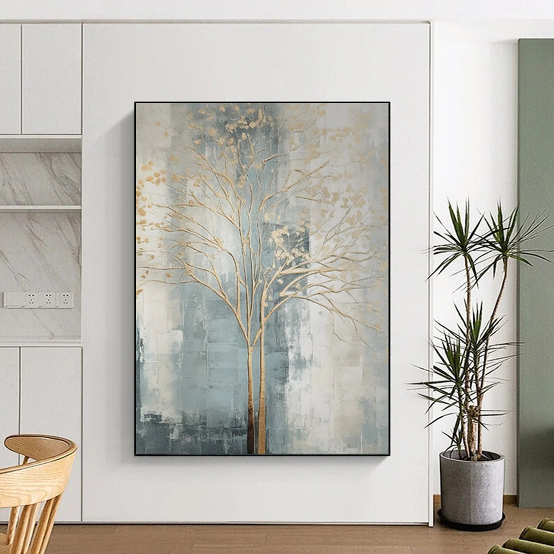 “Gold Tree on Gray - Blue Abstract” - Modern Abstract Painting On Canvas PT1838
