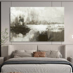 “Gray - White Abstract Horizon” - Muted Tones “Foggy Shore” Painting On Canvas PT1672
