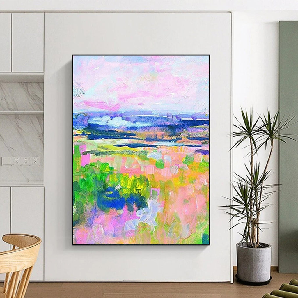 “Colorful Landscape: Pink, Green, and Blue Impressionistic Field” - Vibrant Impressionistic Painting On Canvas PT0934