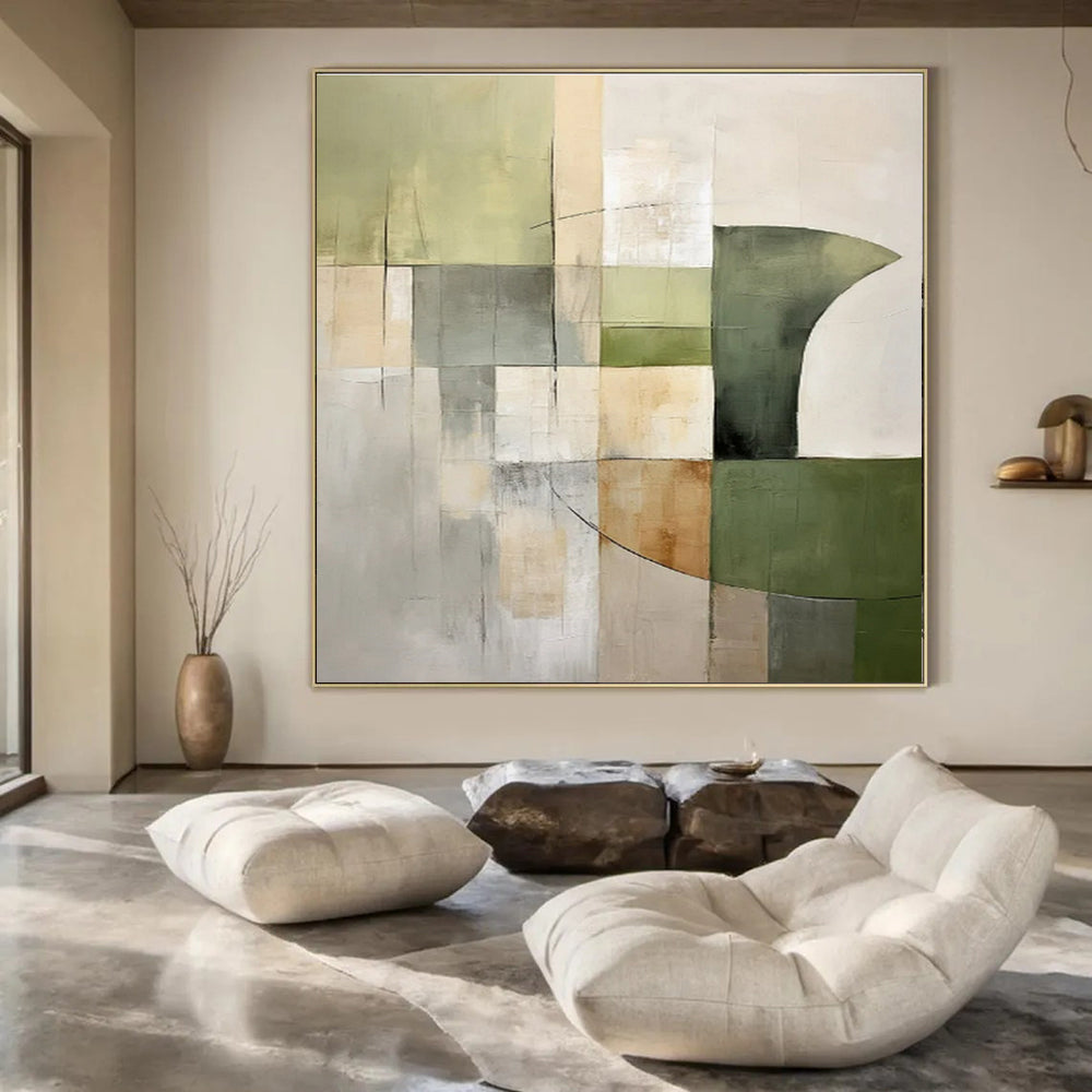 Green, Beige, Gray with Geometric Mix "Balanced Nature" Abstract Painting On Canvas PS1458