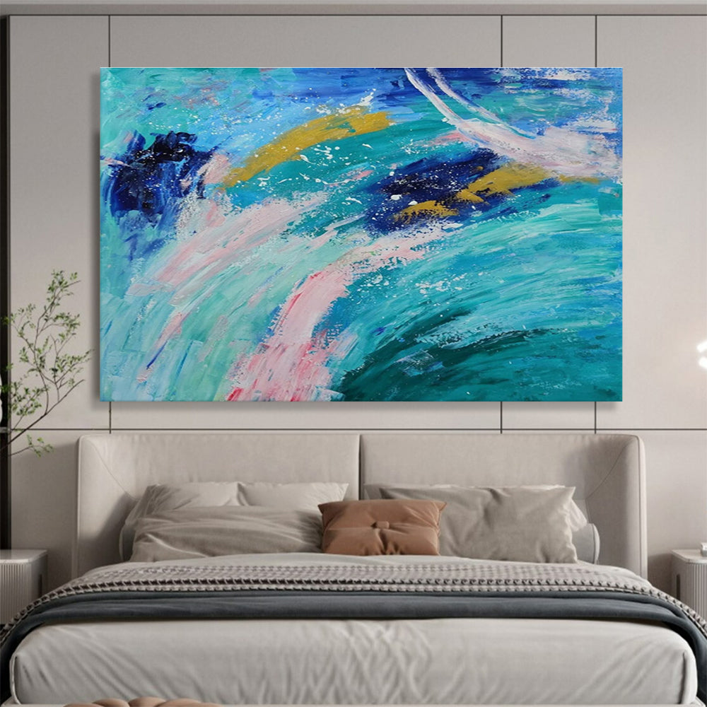 Ocean Waves Abstract: Blue, Green & Pink Expressionist Painting for Beach House & Coastal Café DKS654