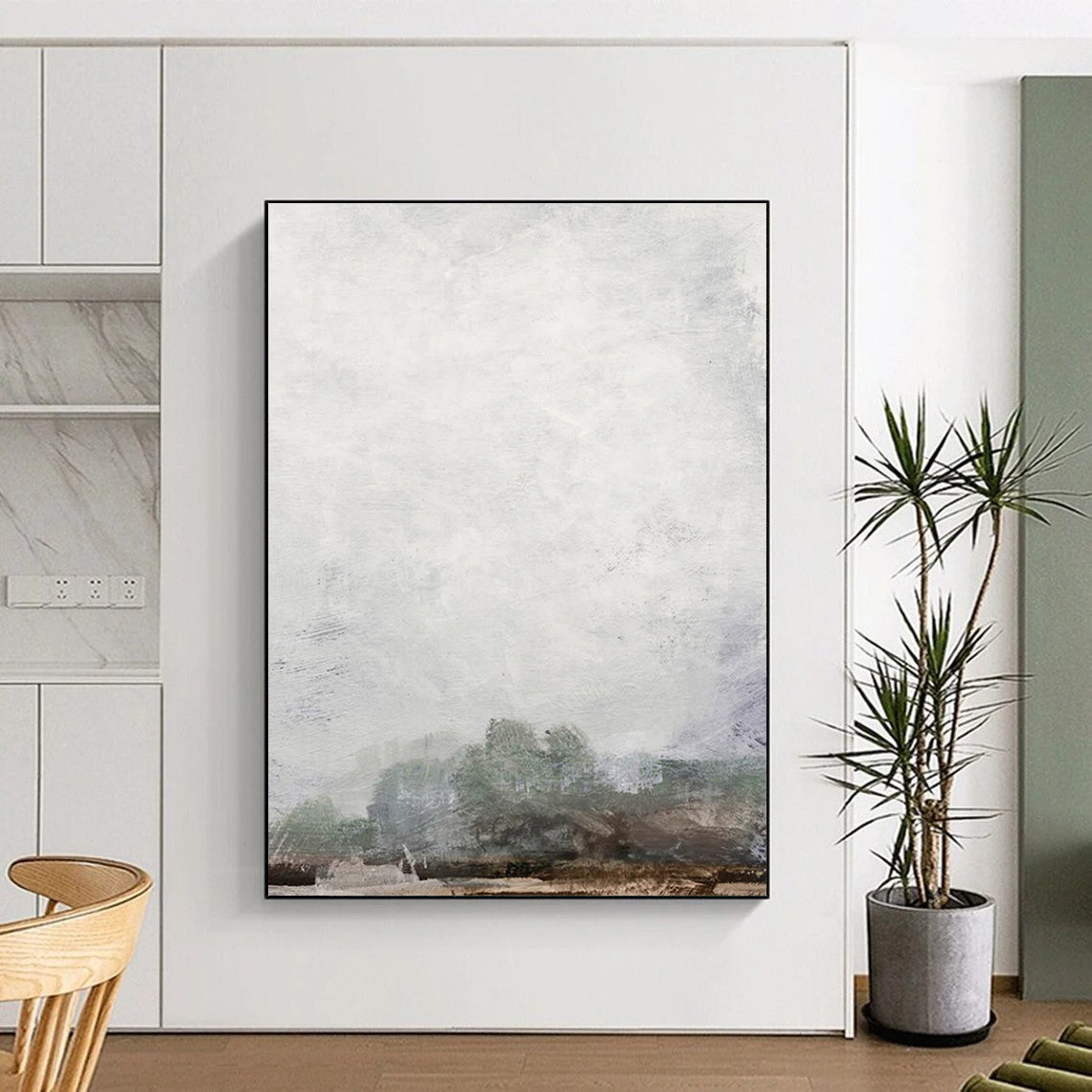“Hazy Gray Tree Line” - Light Gray Sky with Faint Green Trees Painting On Canvas DS222