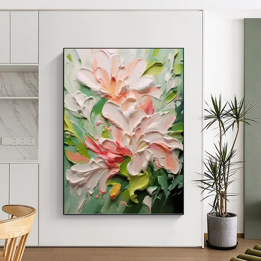 “Pink - Green Floral Impasto” - Impressionist - Inspired Floral Painting On Canvas PT1396