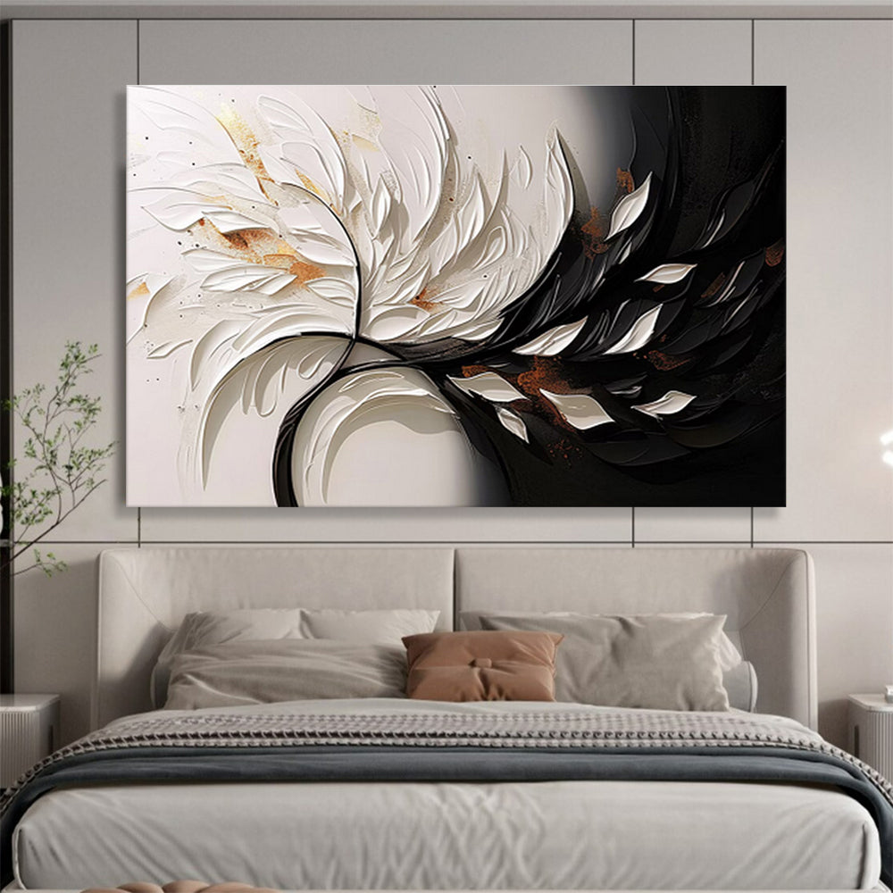 “3D Floral Contrast” - White, Black & Gold Floral, Textured Mixed - Media Painting On Canvas DKS746