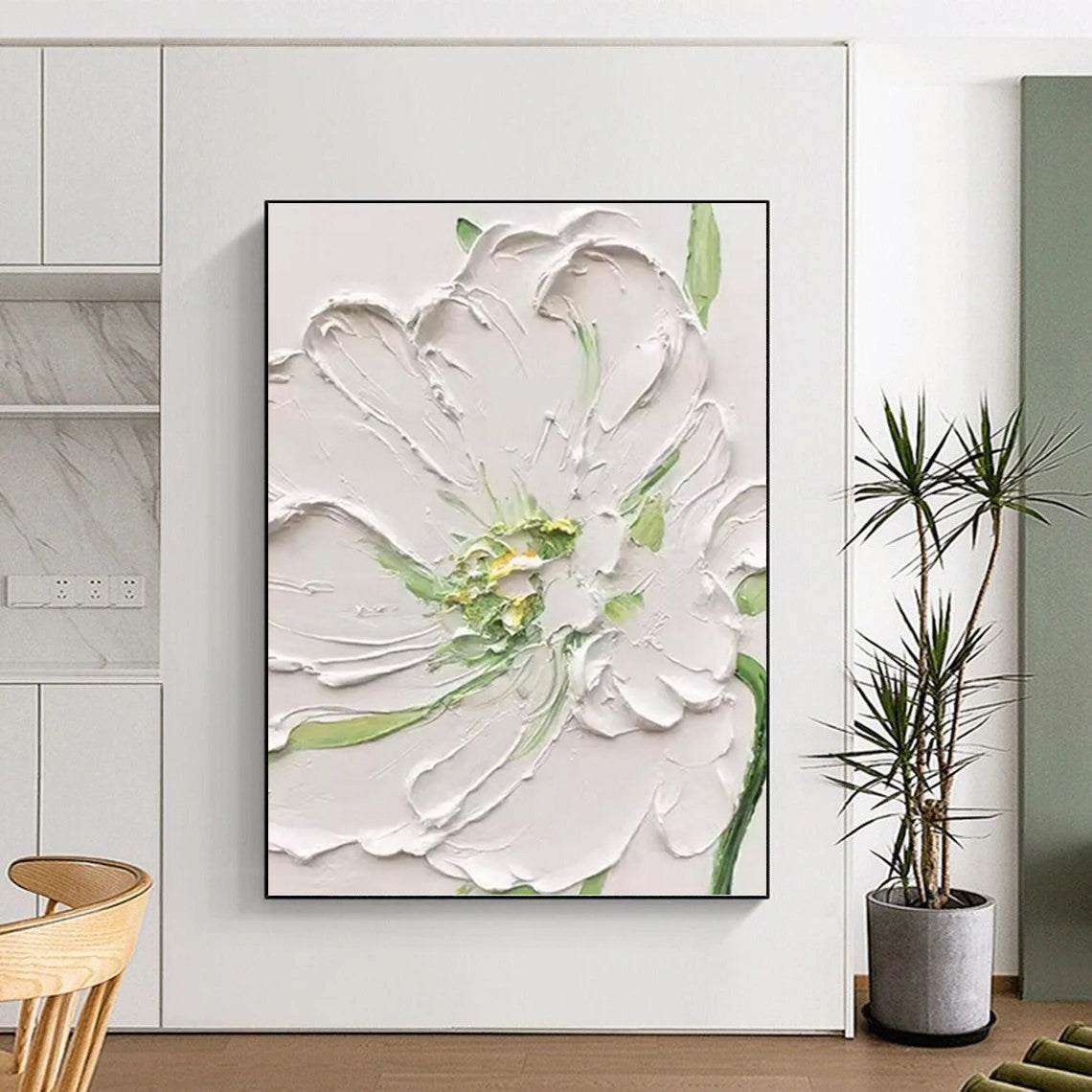 “White - Green Floral Relief” - Realist - Inspired Floral Painting On Canvas PT1398