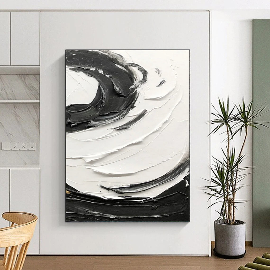 “Black and White Swirl Dynamics” - Energetic Abstract Painting On Canvas DS380