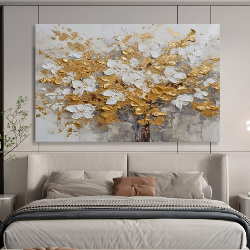 “Gold & White Blossom Tree” - Textured Floral Painting On Canvas PT246